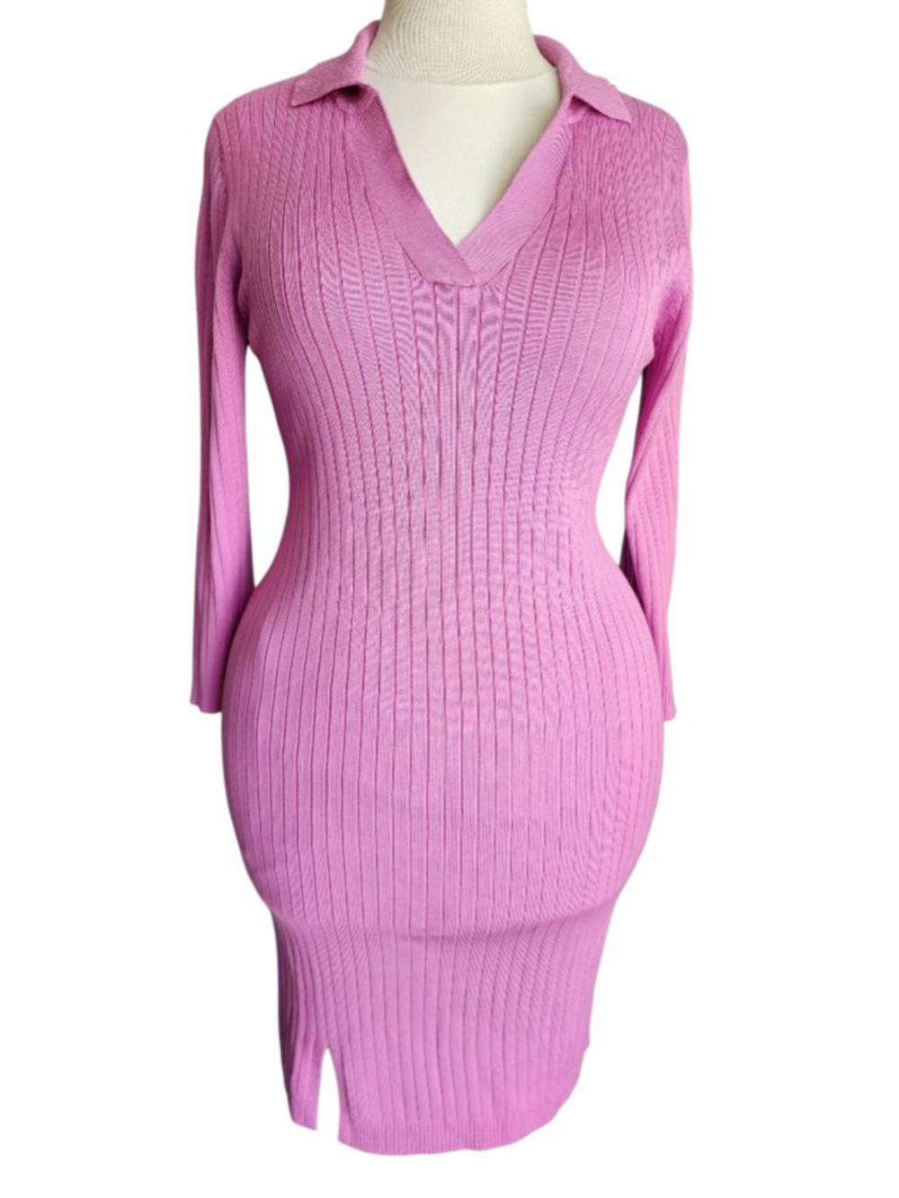 Alison Andrews Pink Ribbed Knit Polo Collar Sweater Dress Women’s L 3/4 Sleeve